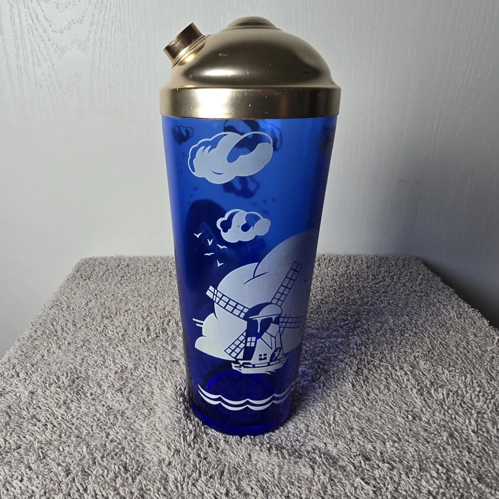 Vintage Hazel Atlas Cobalt Blue Art Deco Cocktail Shaker Windmill Pattern No Cap